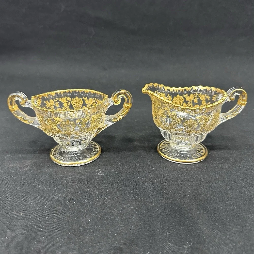Cambridge 'Rose Point' Cream & Sugar Set With Gold Encrusted Decoration, Vintage